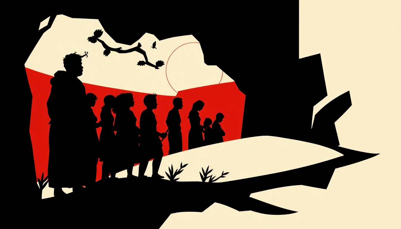 A bold, abstract composition of stark geometric shapes and silhouettes in high-contrast red and white, conceptually representing the themes of community, faith, and resilience from Octavia Butler's 'Parable of the Sower' without using any literal imagery.