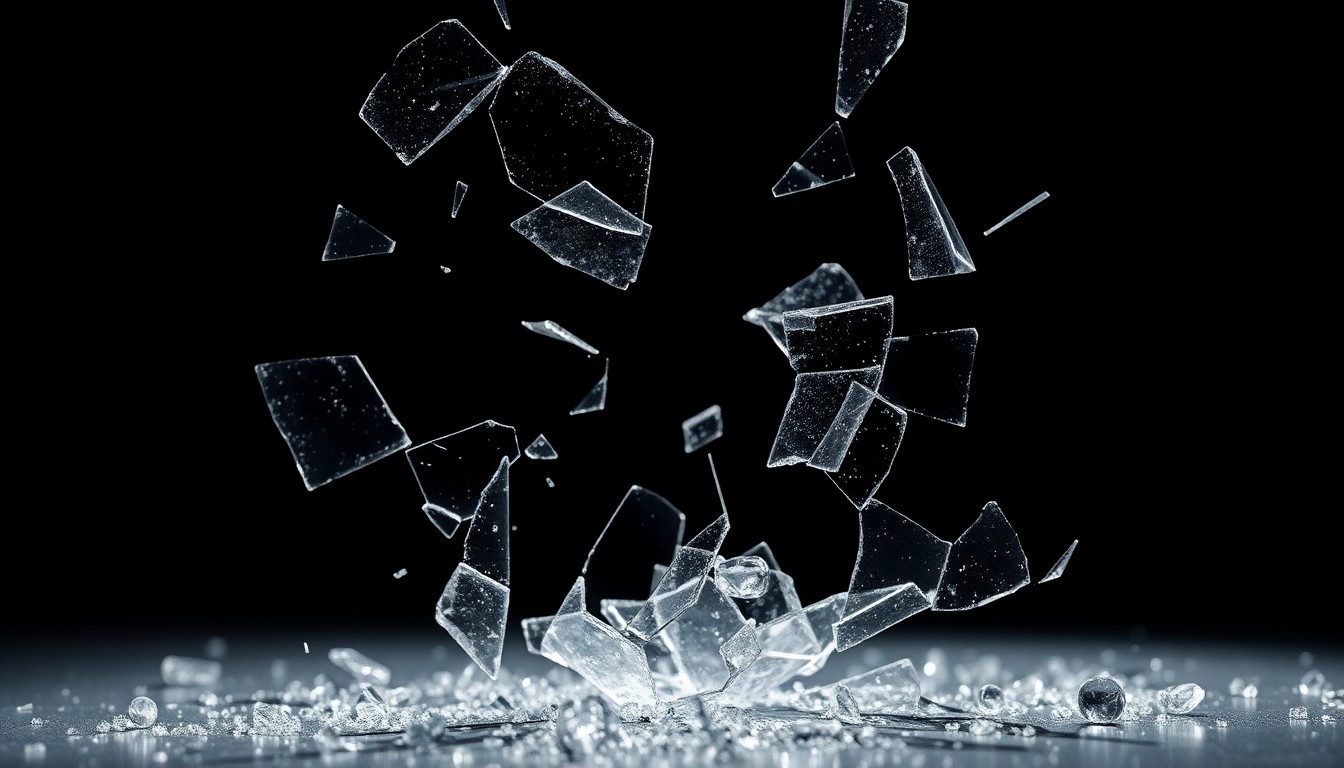 An extreme close-up of shattered glass reflecting a faint light, conceptually illustrating the fragility and precariousness of media careers.