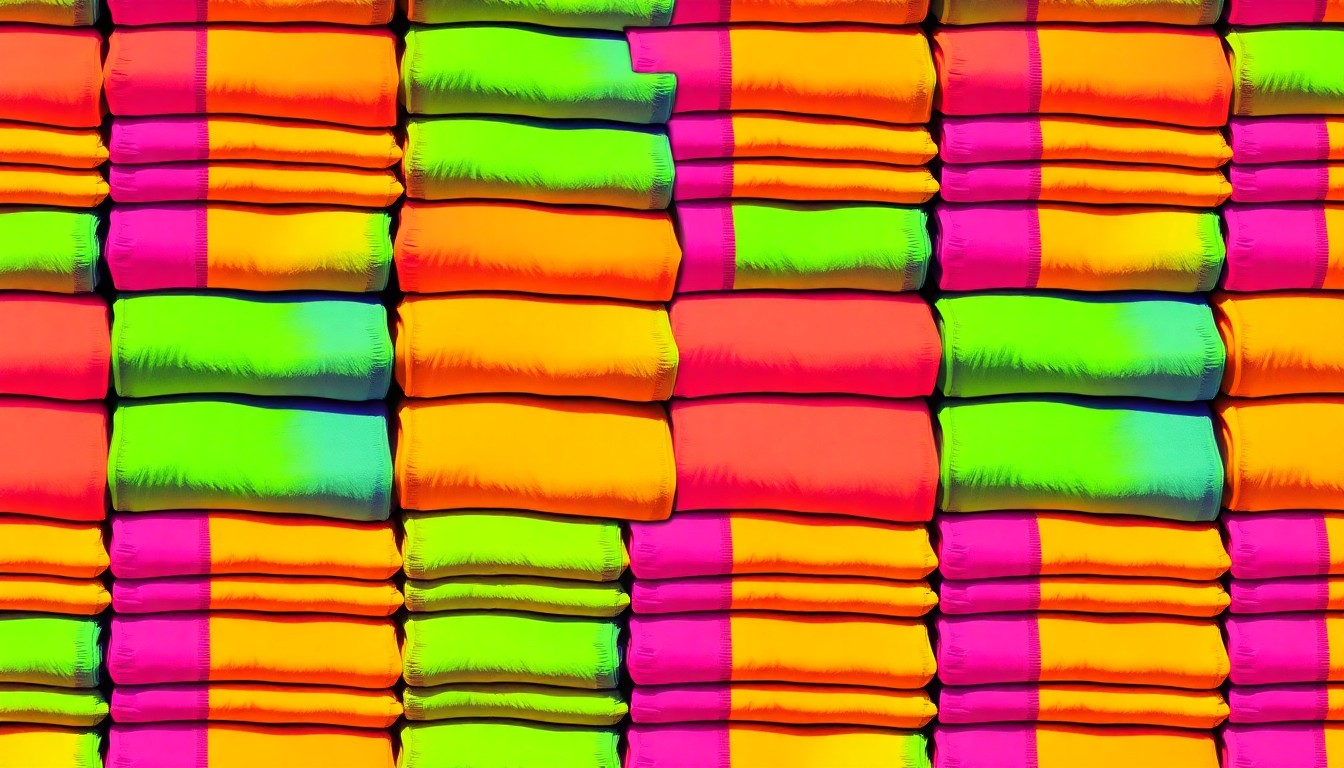 A vibrant, high-contrast silkscreen print of stacks of folded socks and underwear in a repeating grid pattern, conceptually representing the essential clothing items collected through a community drive for foster children.
