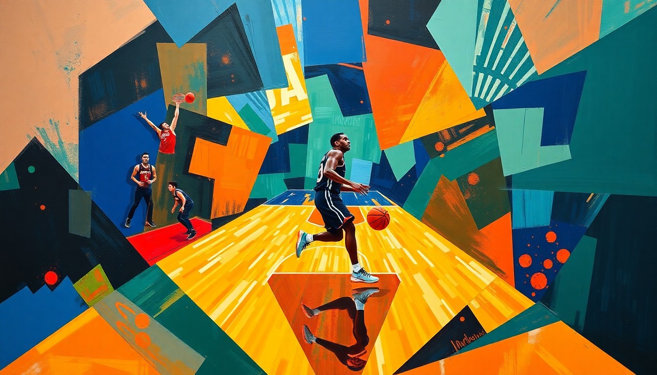 A cubist, geometric painting depicting a basketball game or match, with the players and court broken down into sharp, overlapping planes of vibrant colors like deep blue, forest green, and fiery orange, conceptually representing the fragmented nature of Giannis Antetokounmpo's injury-plagued season.