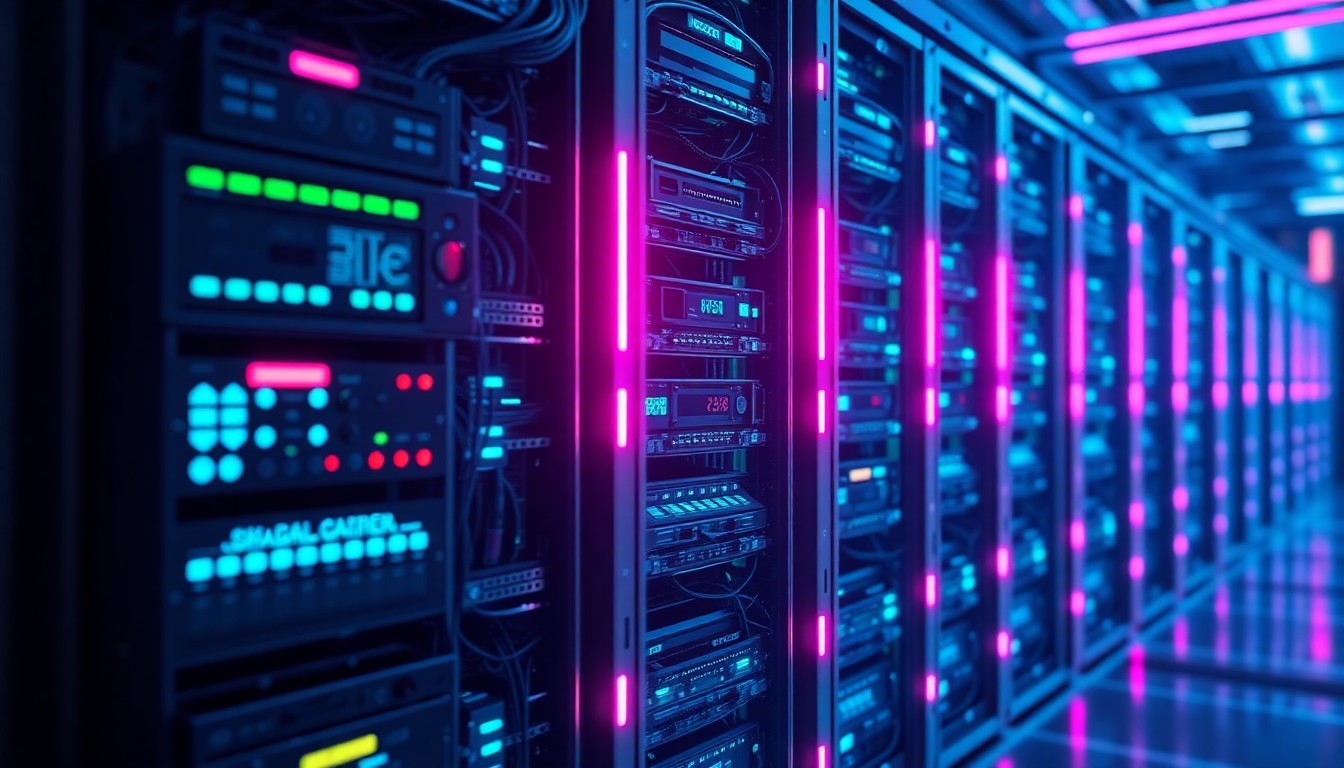 A highly detailed, glowing 3D illustration of a futuristic data center or server rack, with neon cyan and magenta lights illuminating the intricate hardware components, conceptually representing the advanced technology powering Endee's managed vector database cloud service.