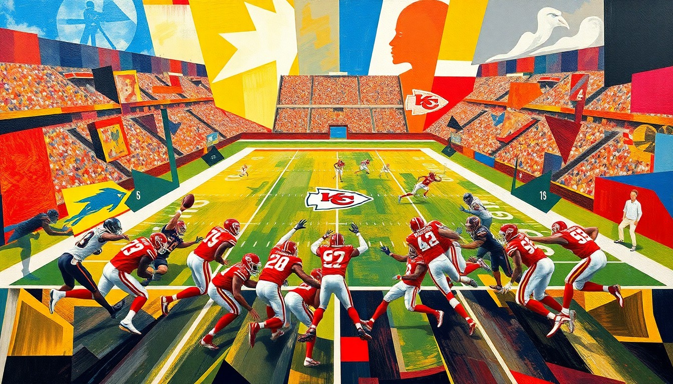 A fractured, multi-perspective painting in the style of Pablo Picasso, breaking down the Kansas City Chiefs' offense into sharp, overlapping geometric planes of color and abstract shapes, capturing the dynamic energy and strategic complexity of the game.