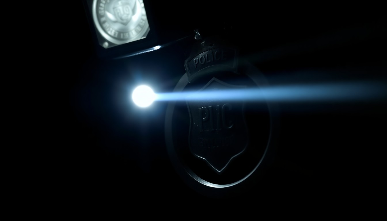 An extreme close-up photograph of a police officer's badge or handcuffs, lit by a harsh, direct camera flash against a pitch-black background, conveying the stark, gritty, and investigative nature of the incident.