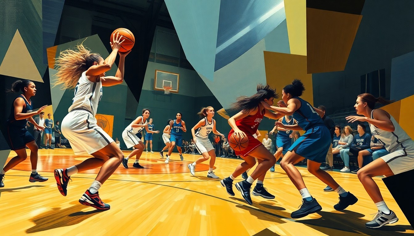 A cubist-style painting depicting the dynamic movements and energy of a women's basketball game, with sharp geometric shapes and planes representing the fast-paced action and defensive intensity on the court.