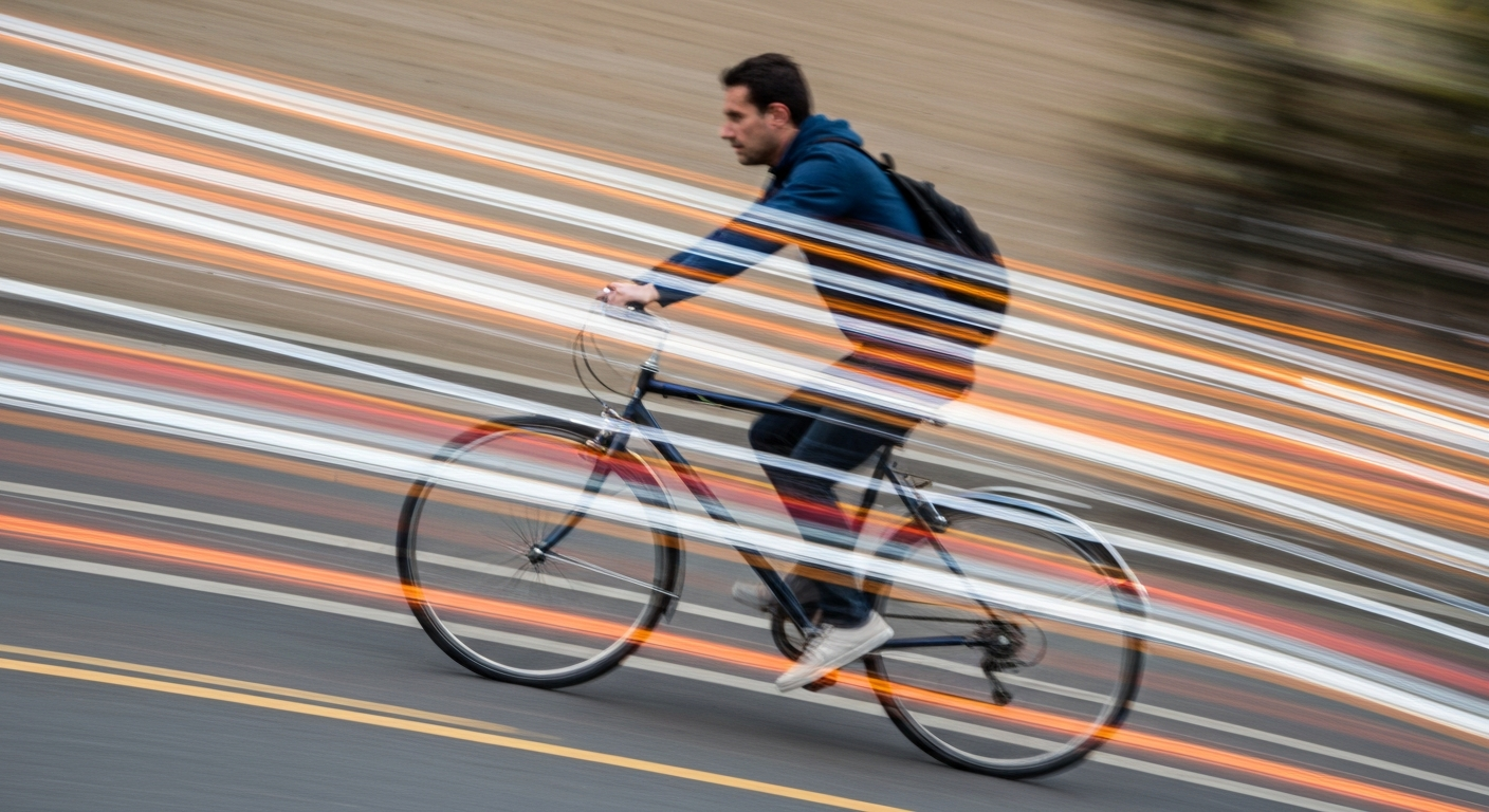 An abstract, blurred image of a cyclist in motion, conveying a sense of speed, modern engineering, and the energy of urban transportation.
