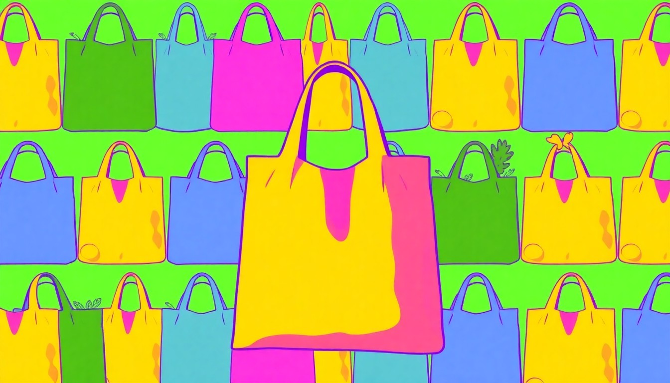 A brightly colored, high-contrast silkscreen print of a reusable grocery bag or organic produce item repeated in a tight grid pattern, conceptually representing the joyful energy of a community festival.