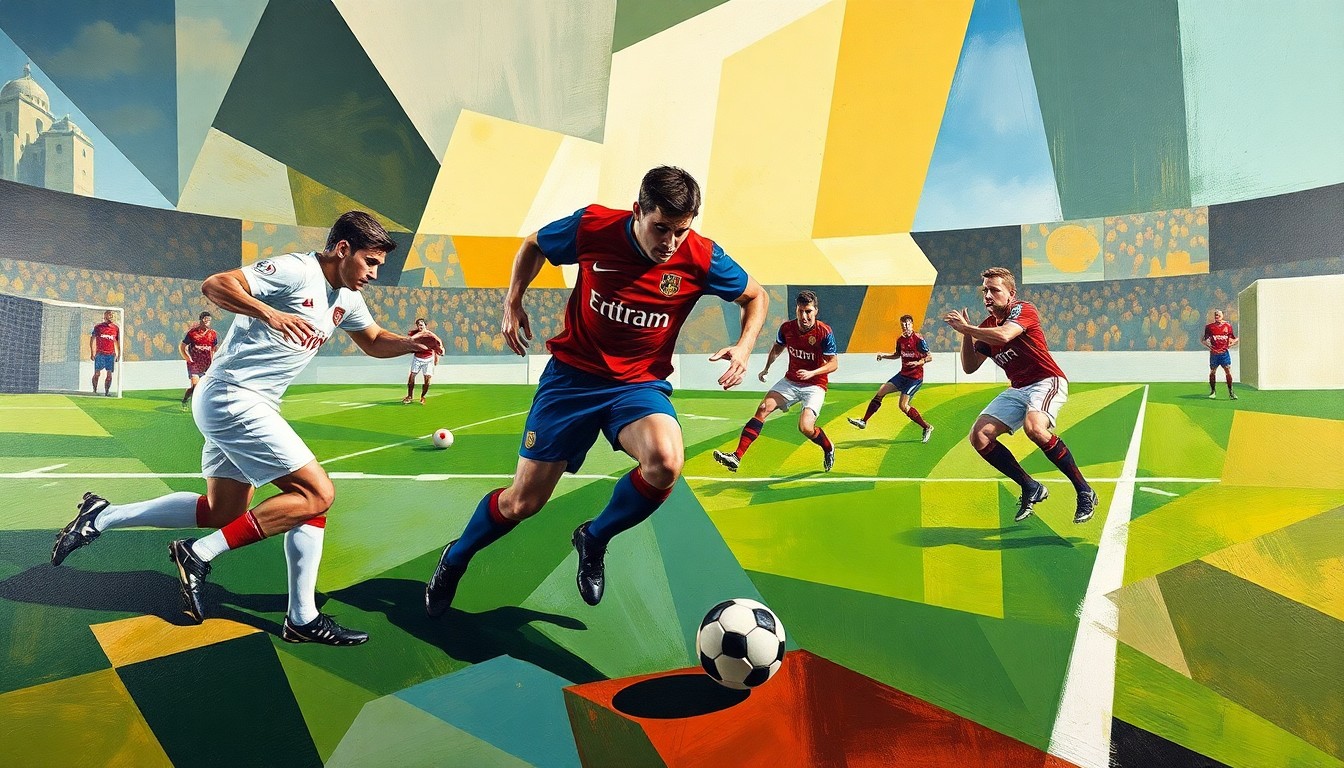 A cubist, geometric painting depicting a fragmented football game, with players' forms broken down into abstract shapes and colors, blending into the field and ball in a dynamic, multi-perspective composition.