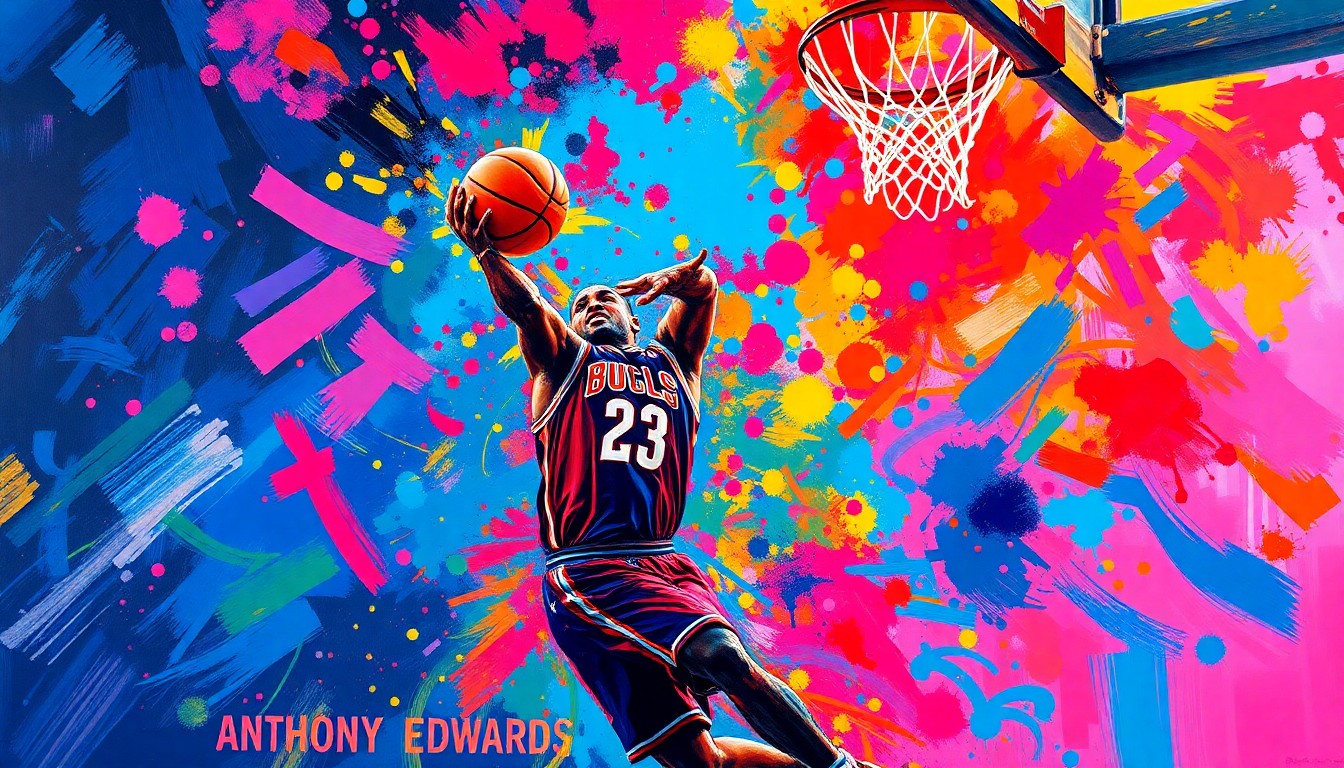 An abstract, expressionist painting in vibrant neon colors depicting the dynamic movements of a basketball player driving to the hoop, their body and the ball dissolving into energetic brushstrokes.