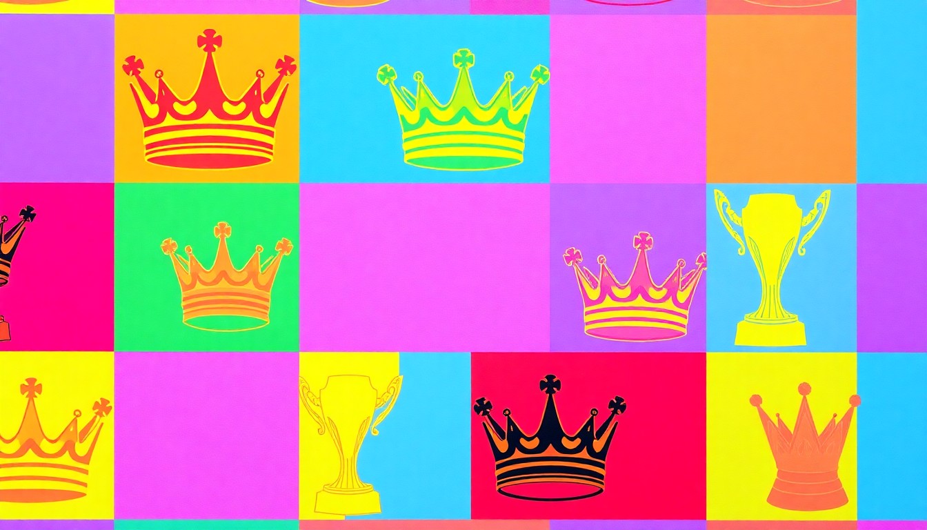 A brightly colored, high-contrast silkscreen print of a crown or trophy repeated in a tight grid pattern, capturing the celebratory mood of Jen Atkin's achievement.