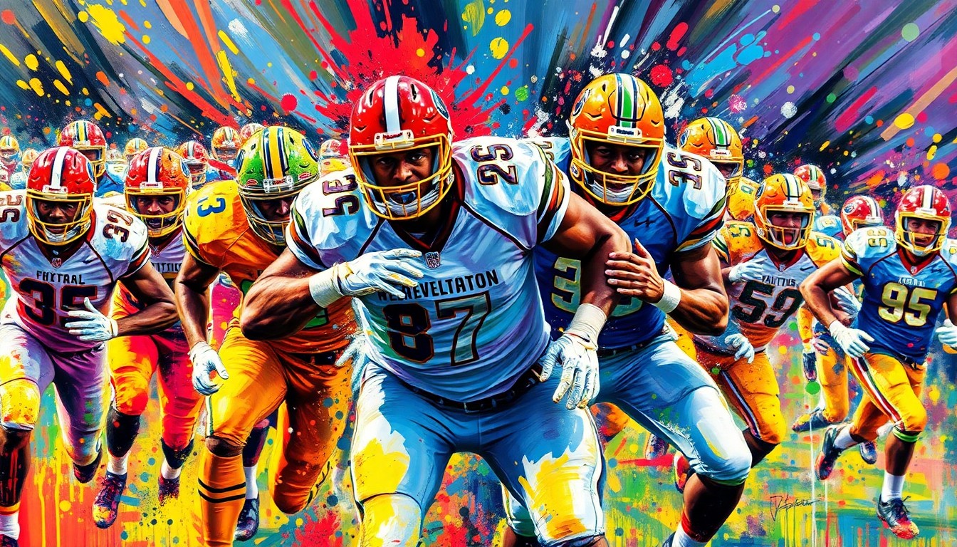 An abstract, expressionist painting in vibrant neon colors, capturing the raw energy and intensity of a college football team in action, with players' forms dissolving into unrecognizable splatters of paint, conceptually representing the Hurricanes' driven culture under Coach Cristobal.