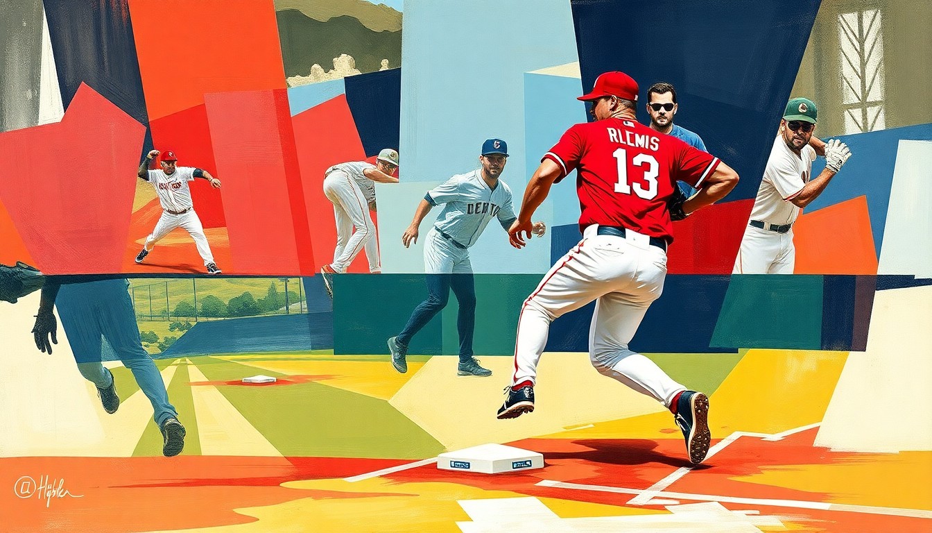 A cubist, geometric painting depicting a baseball player's fielding motion at first base, with sharp, overlapping planes of bright red, navy blue, and white colors representing the Cincinnati Reds' uniform.