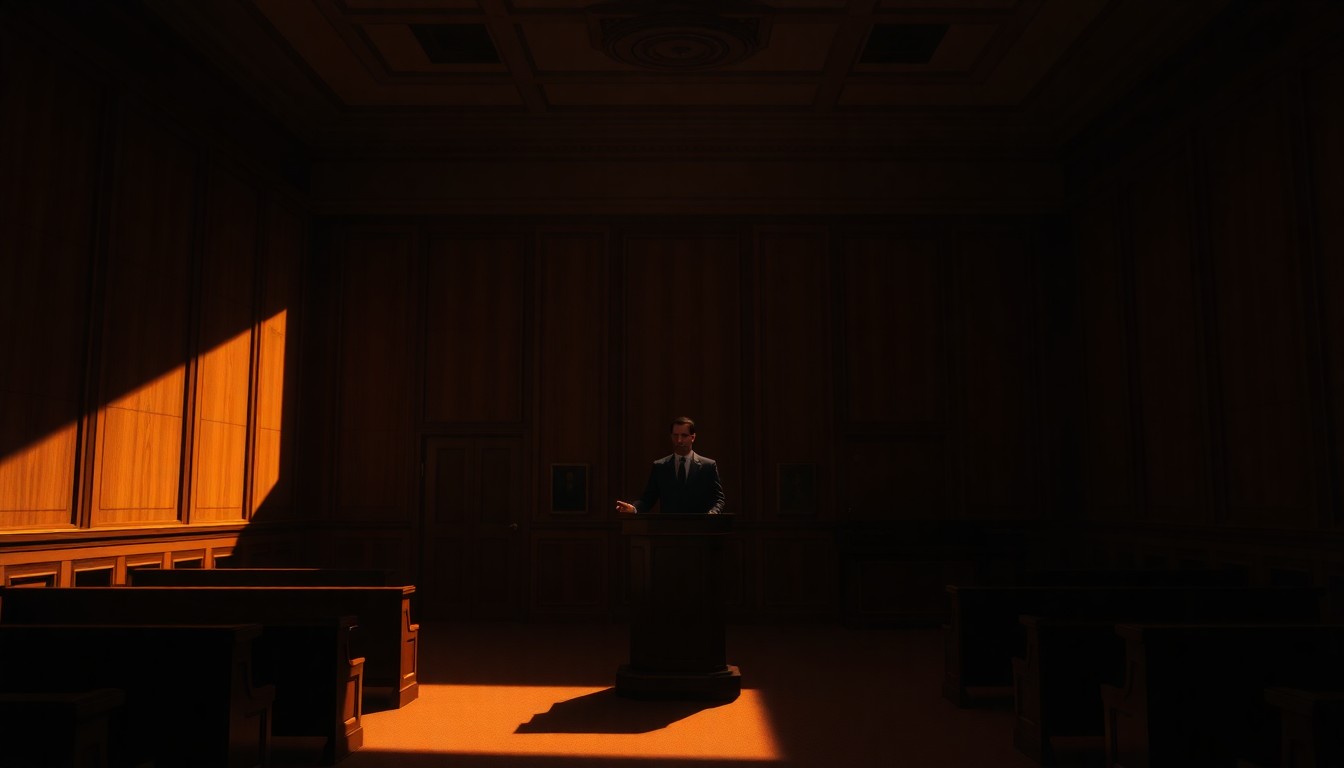 A quiet, cinematic painting of a lone figure standing at a courtroom podium, bathed in warm, diagonal sunlight and deep shadows, capturing the solemnity and tension of the Maduro trial.