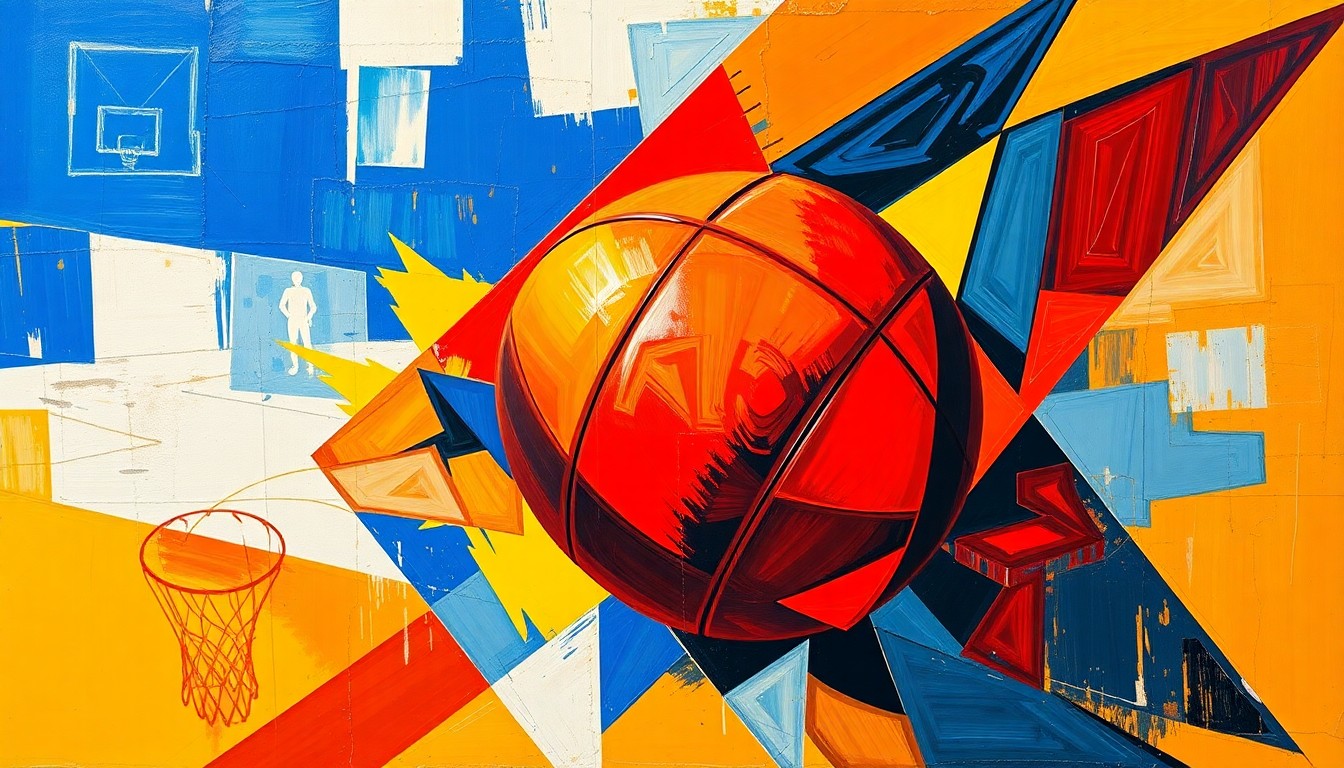 A cubist, geometric painting depicting a basketball game or match, with sharp, overlapping planes of vibrant colors like royal blue, crimson red, and golden yellow, conceptually representing the Kings' focus on building a sustainable winning culture.