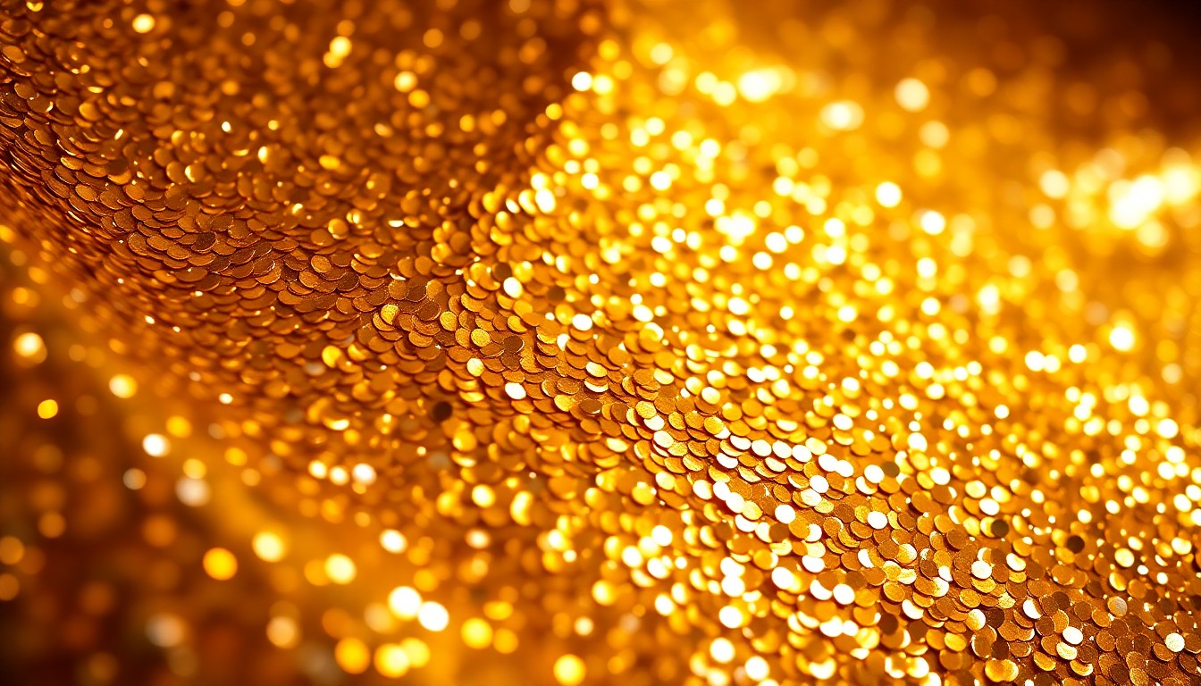 An extreme close-up of a shimmering, high-contrast texture of golden and silver sequins, capturing the glamour and energy of morning television.