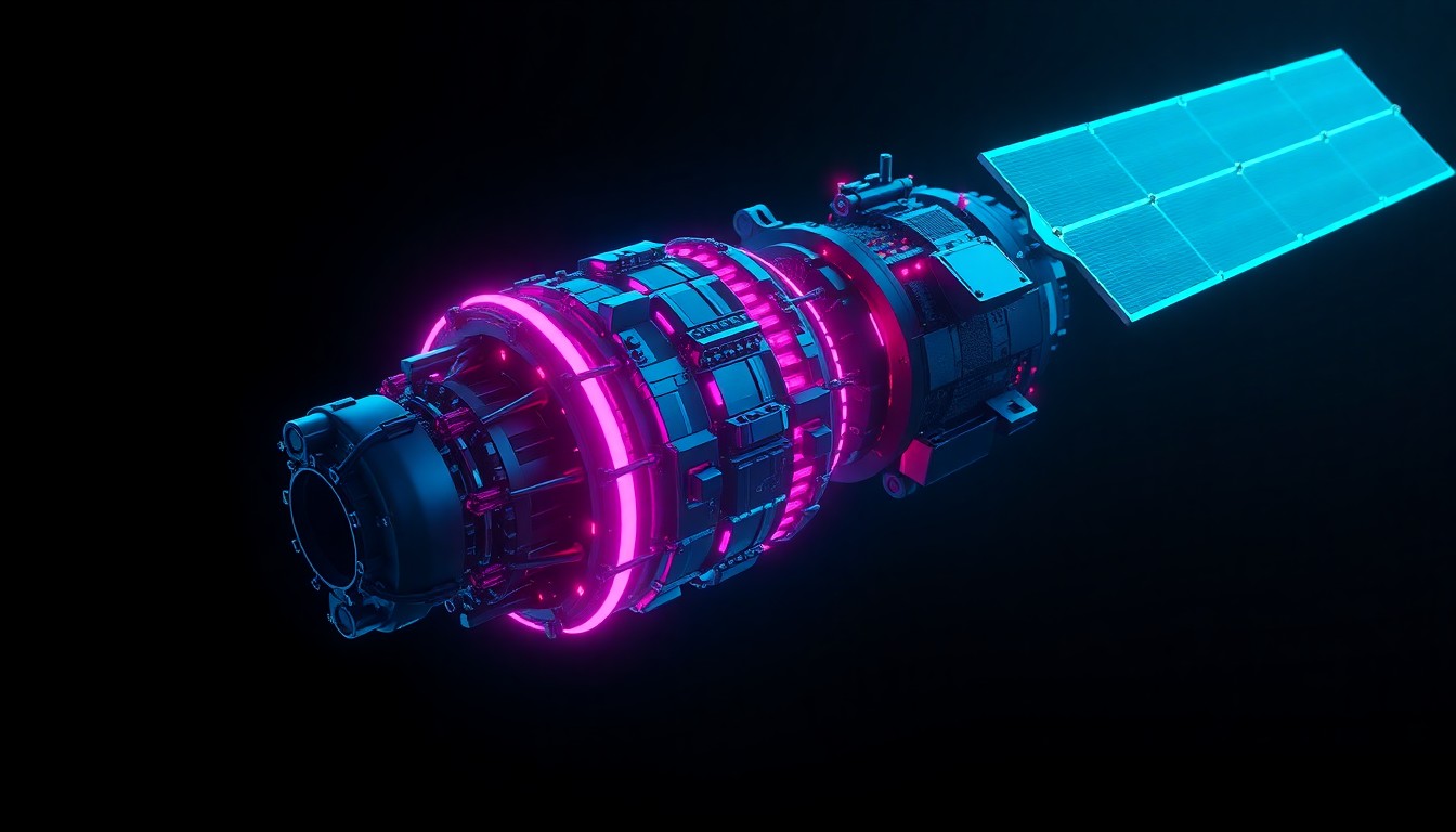 A highly detailed, glowing 3D illustration of a satellite bus with intricate cybernetic components and neon cyan and magenta lights, representing the advanced technology powering NEC's optical communications demonstration mission.