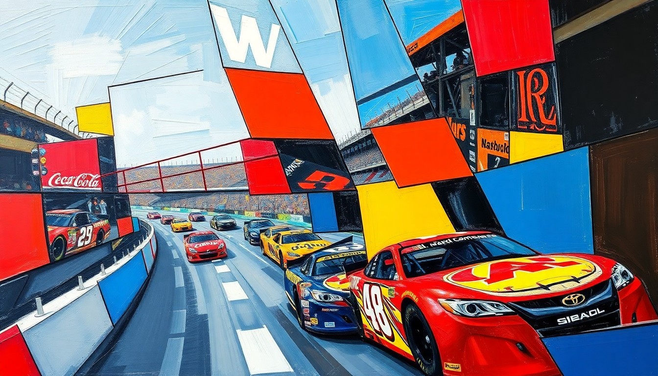 A cubist, geometric painting depicting a fragmented NASCAR race scene, with sharp, overlapping planes of color representing the intense competitive environment.