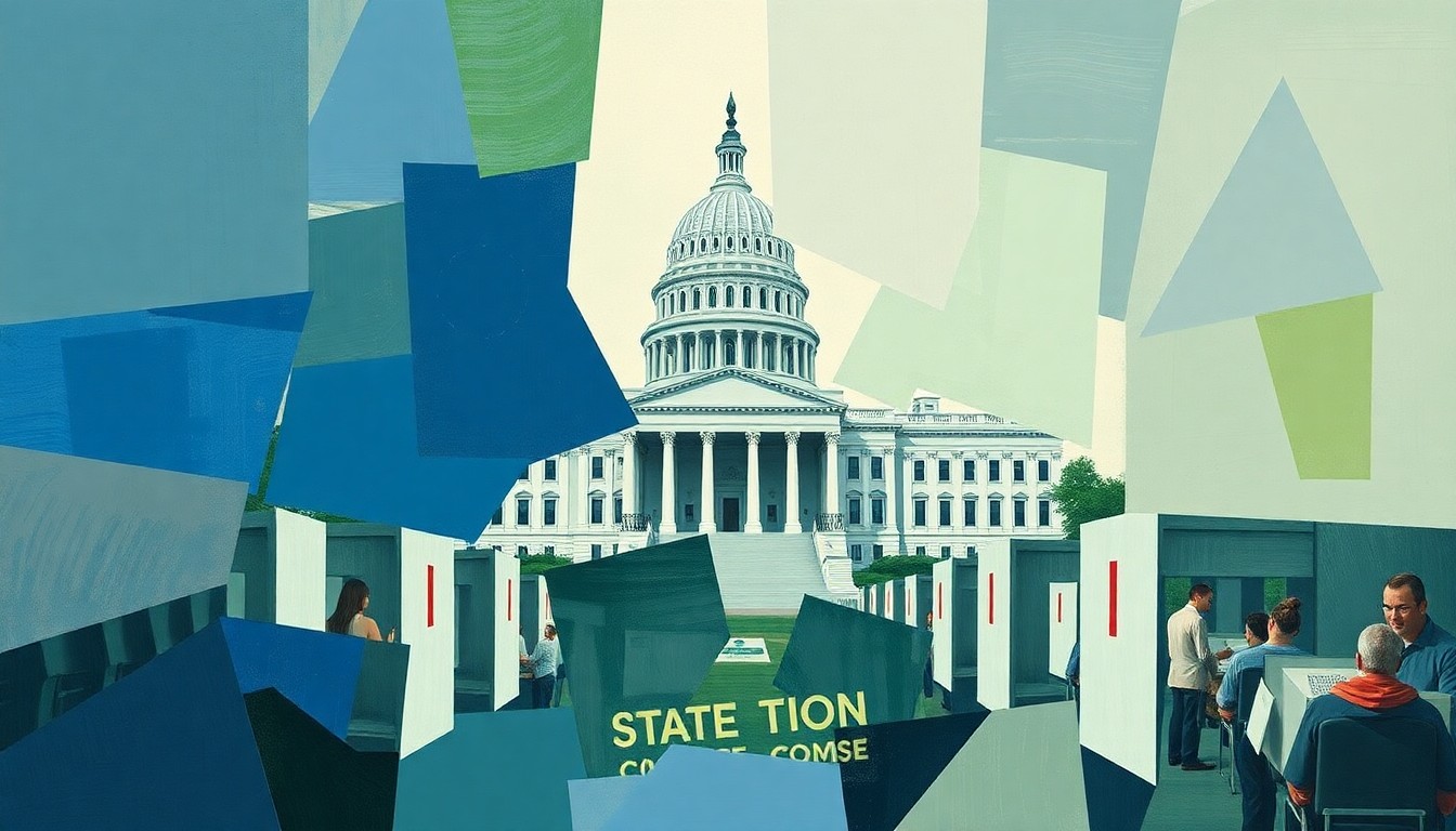 A fractured, overlapping painting in shades of blue, green, and gray depicting conceptual shapes and forms representing a state capitol building, legislative chambers, and voting booths, conveying the fast-paced and fragmented nature of state politics.
