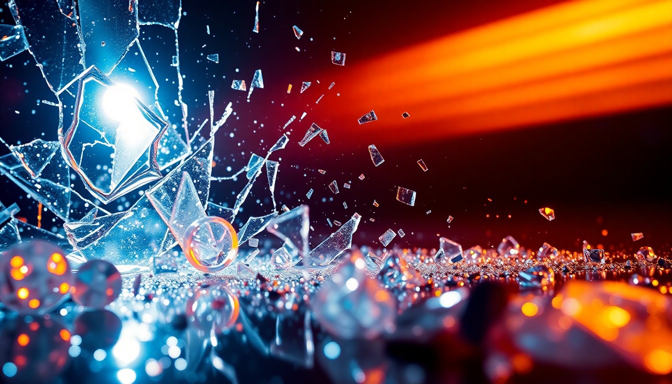 An abstract close-up image of shattered glass and glittering sequins, captured in dramatic, high-contrast studio lighting to represent the glamour and secrecy of the entertainment industry.