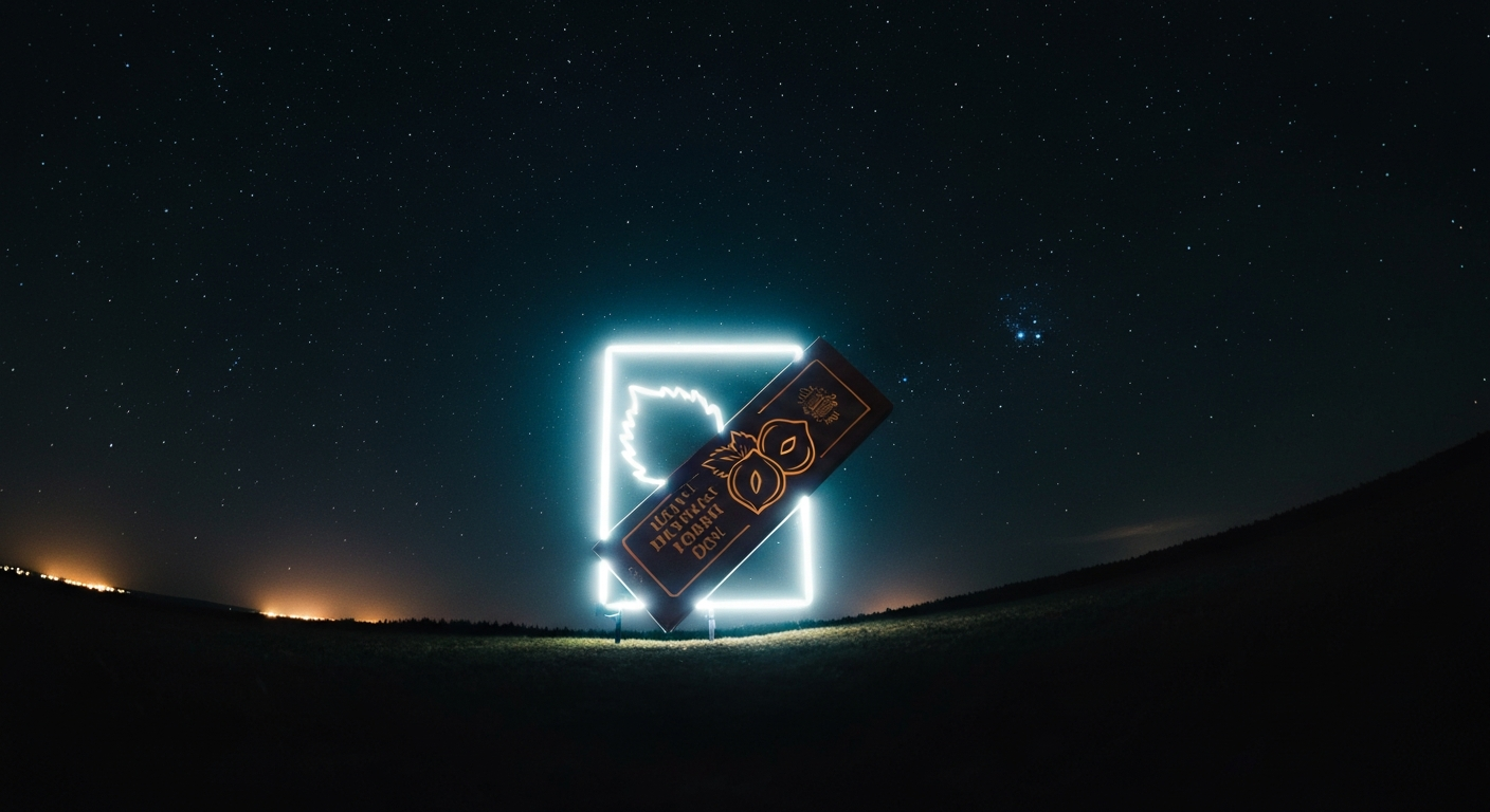A minimalist, glowing neon outline of a chocolate bar with a faint, ghostly hazelnut shape emerging from the center, conveying the hidden danger of undeclared allergens in food products.
