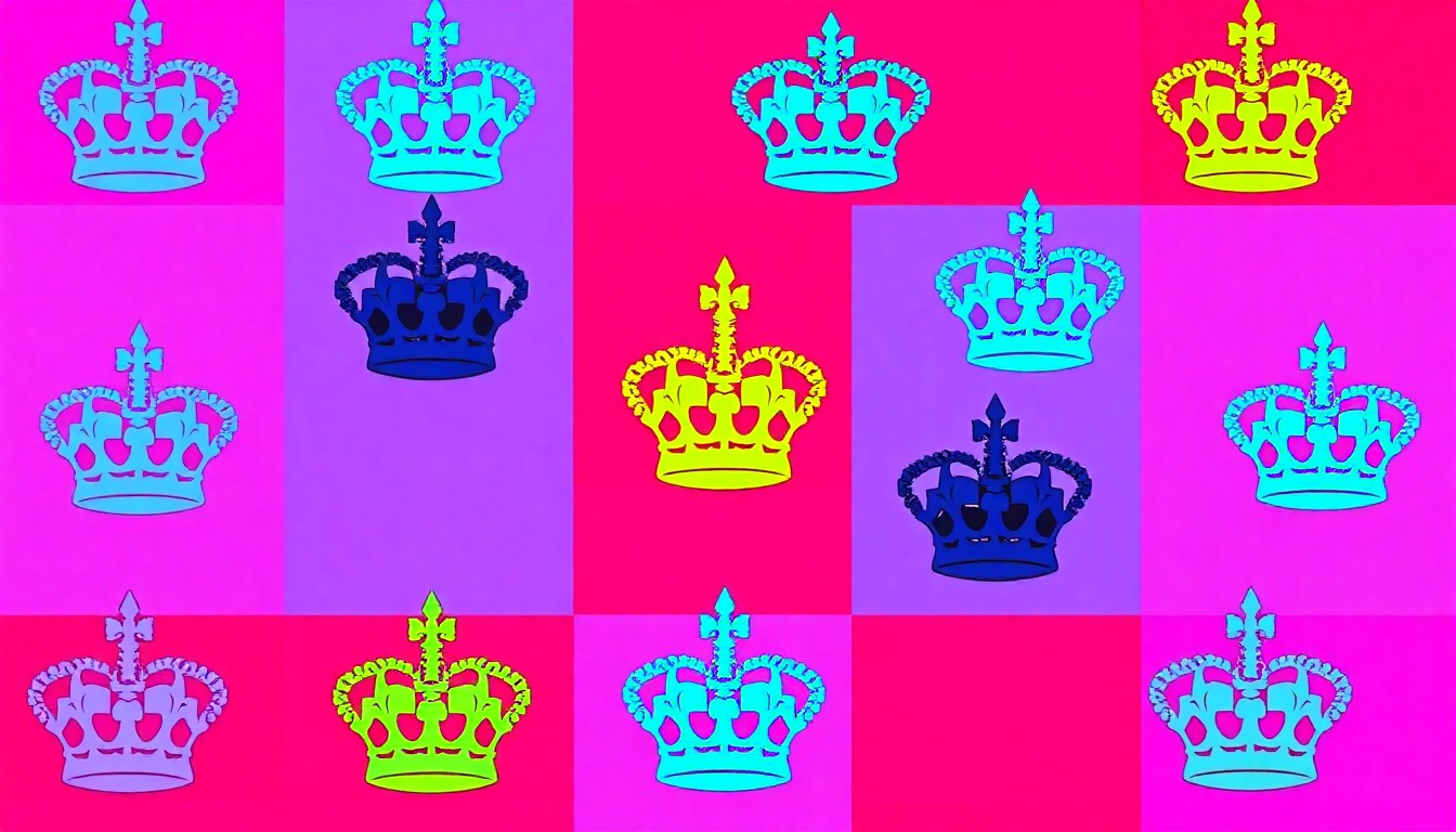 A bold, colorful silkscreen print featuring a repeated royal crest icon in neon shades of blue, pink, and yellow, with heavy black outlines, conceptually representing the evolving personalities and roles of the young royals.