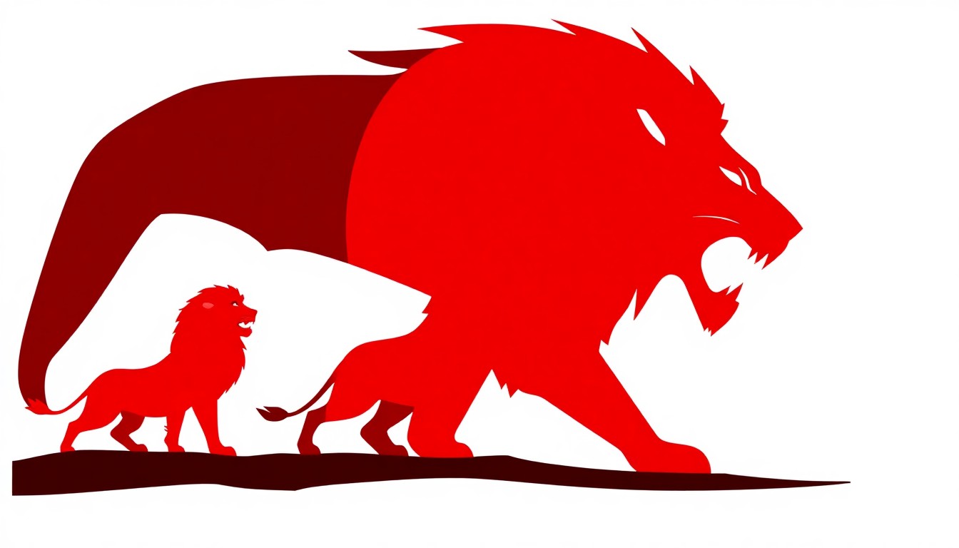 A striking abstract composition featuring bold black silhouettes of the iconic 'Lion King' characters Simba, Mufasa, and Scar, set against a high-contrast backdrop of vibrant red and white geometric shapes, capturing the epic themes and emotional core of the beloved animated film.