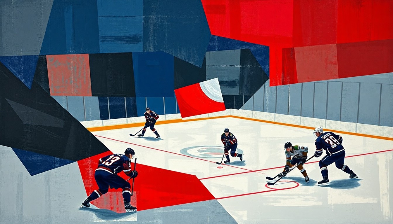 A cubist, geometric painting depicting a fragmented hockey game, with overlapping planes of navy, crimson, and steel grey, conceptually representing the multifaceted challenges facing the Chicago Blackhawks.