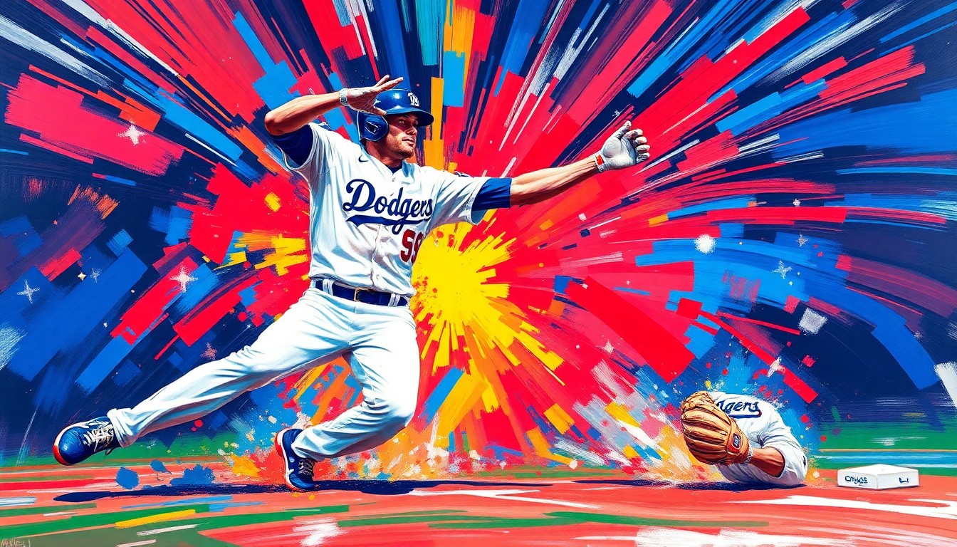 An abstract, expressionist painting in vibrant neon colors depicting a baseball player sliding into home plate, with the Dodgers' iconic blue and red colors swirling around them, capturing the raw energy and movement of the sport.