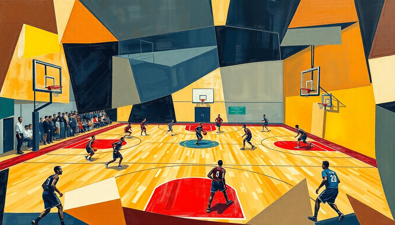 An abstract, cubist-style painting depicting a high school basketball game, with the players and court lines broken down into sharp, overlapping geometric shapes and planes.