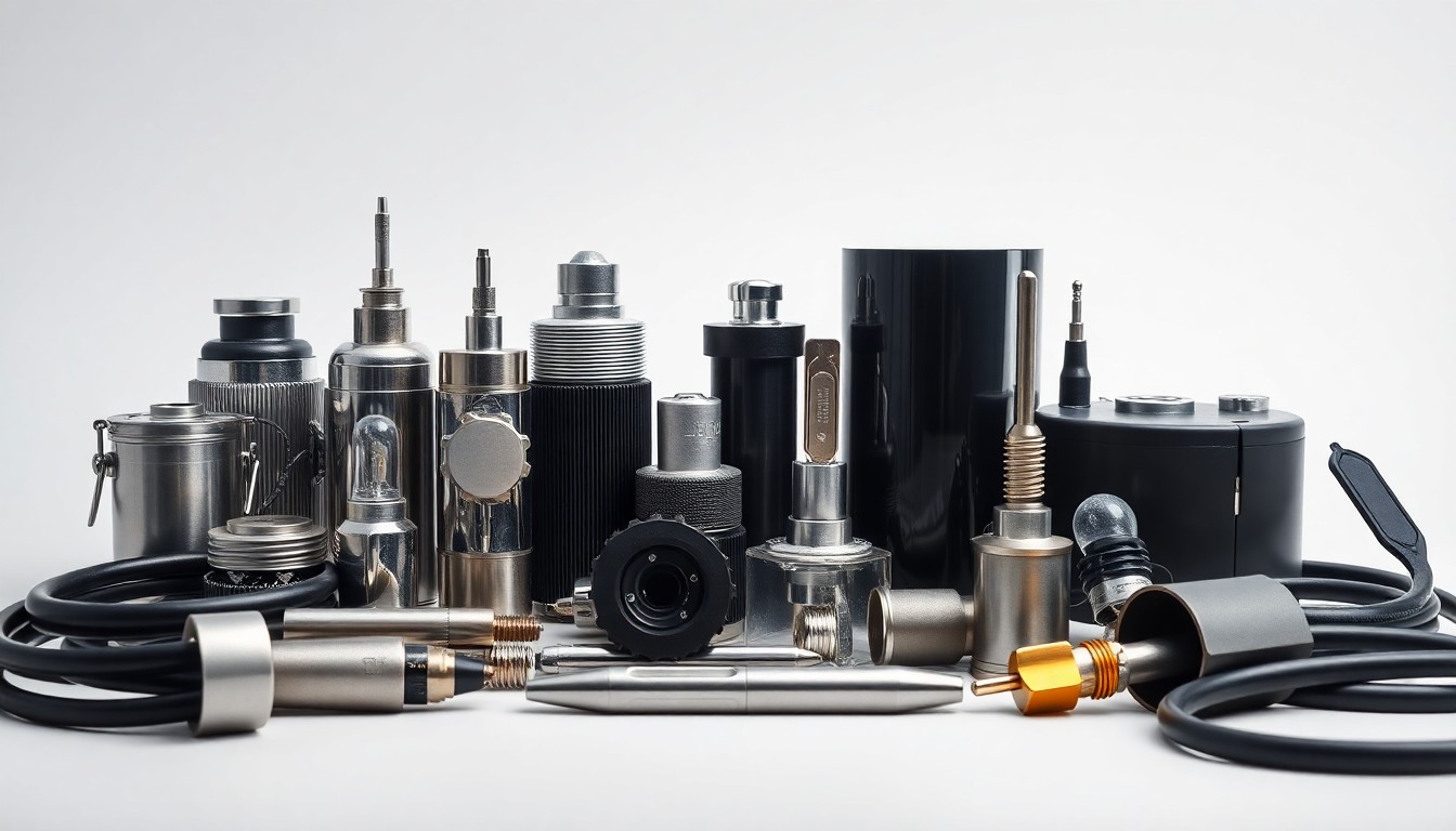 A high-end studio photograph featuring a collection of polished electrical components and tools arranged elegantly on a clean, monochromatic background, conceptually representing the precision and reliability of electrical contracting services.