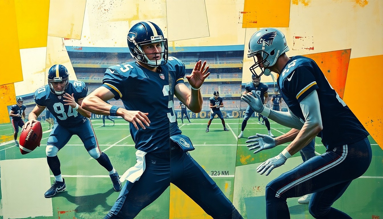 A cubist-style painting depicting a fragmented, geometric interpretation of a football player training, with overlapping planes and shapes representing the dynamic movement and uncertainty surrounding Deshaun Watson's return to the NFL.