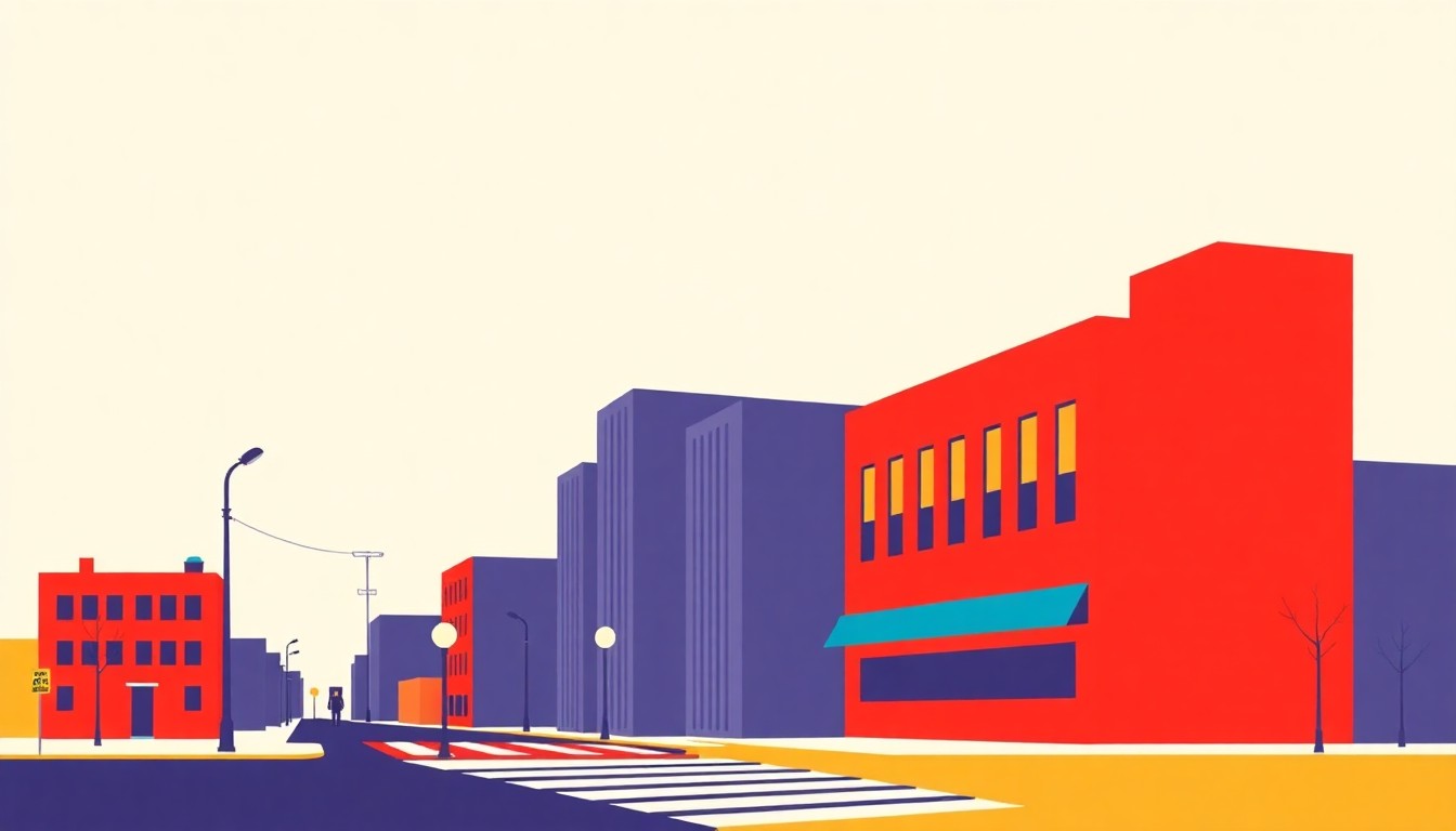 A minimalist illustration featuring overlapping geometric shapes in shades of blue, green, and red, conceptually representing the complex budget decisions facing a city.