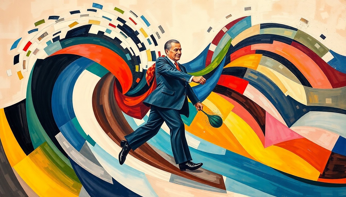 An abstract, fragmented painting in bold, clashing colors depicting a blurred, distorted political symbol or figure, conveying a sense of motion, tension, and unrest.