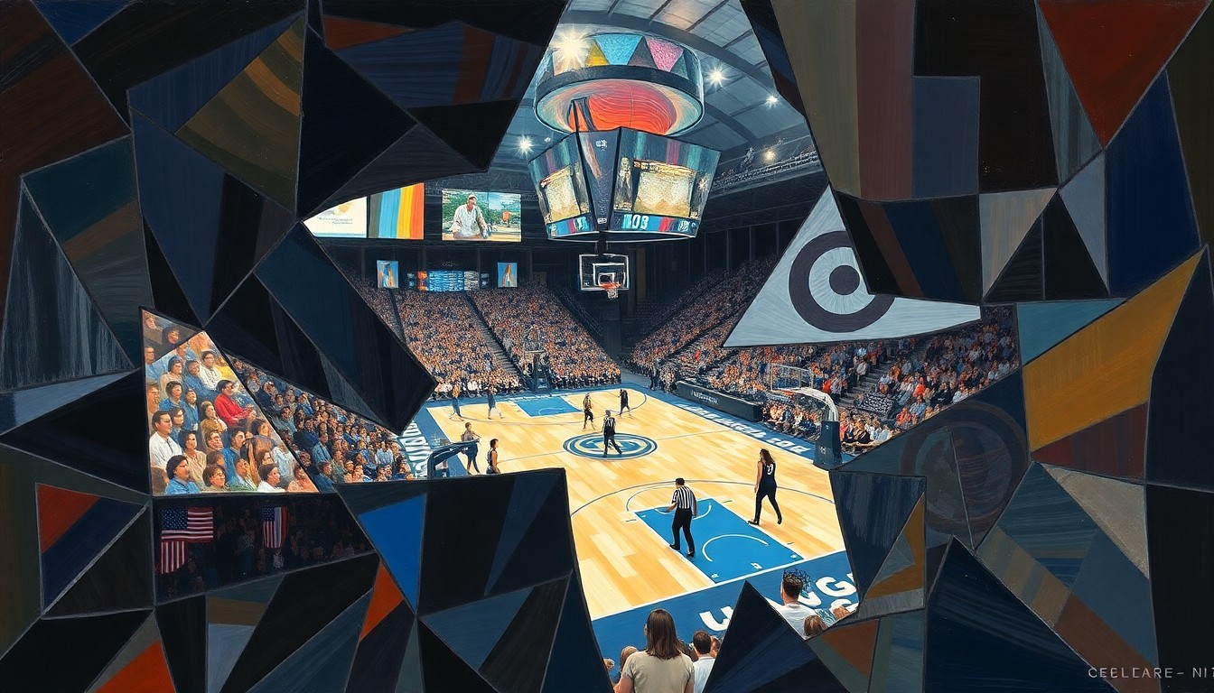 A cubist, geometric painting depicting a fragmented, multi-angle view of a women's basketball game, capturing the sport's dynamic energy and the Cougars' determination.