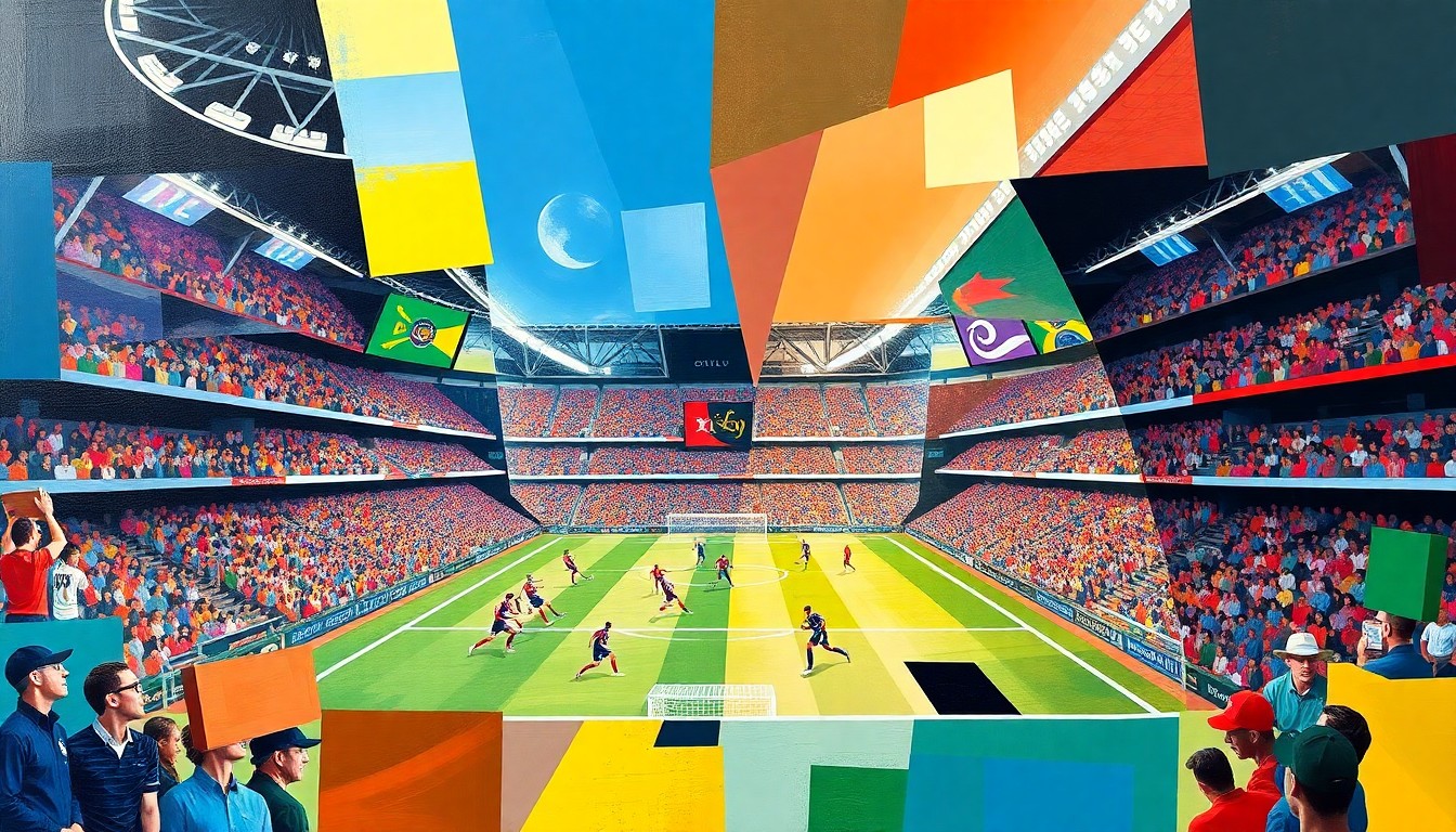 A fractured, multi-perspective painting in the style of Pablo Picasso, breaking a soccer match down into sharp, overlapping geometric planes of vibrant colors representing the teams' uniforms and the stadium environment.