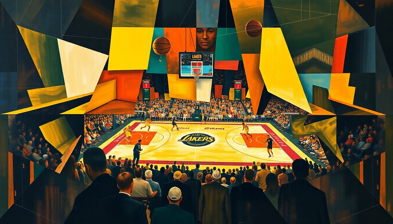 A fragmented, multi-angled painting depicting a basketball game in a cubist style, with players and the court broken down into sharp, overlapping geometric shapes and planes in bright colors.