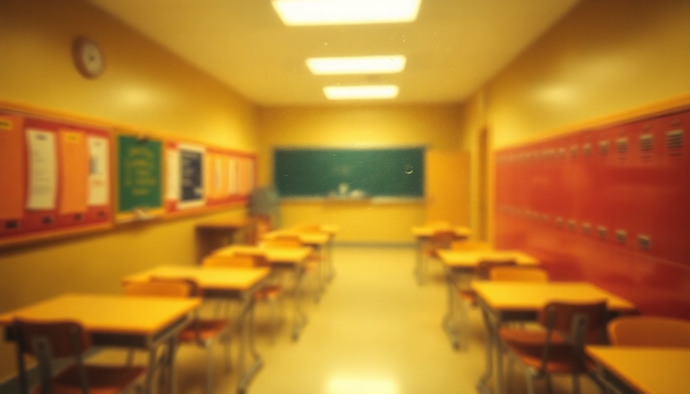 An abstract, impressionistic photograph in soft, warm tones depicting a blurred, out-of-focus scene of a school hallway or classroom, with only the faintest outlines of furniture and fixtures visible, conveying a sense of uncertainty and the complex emotions surrounding the ongoing investigation.