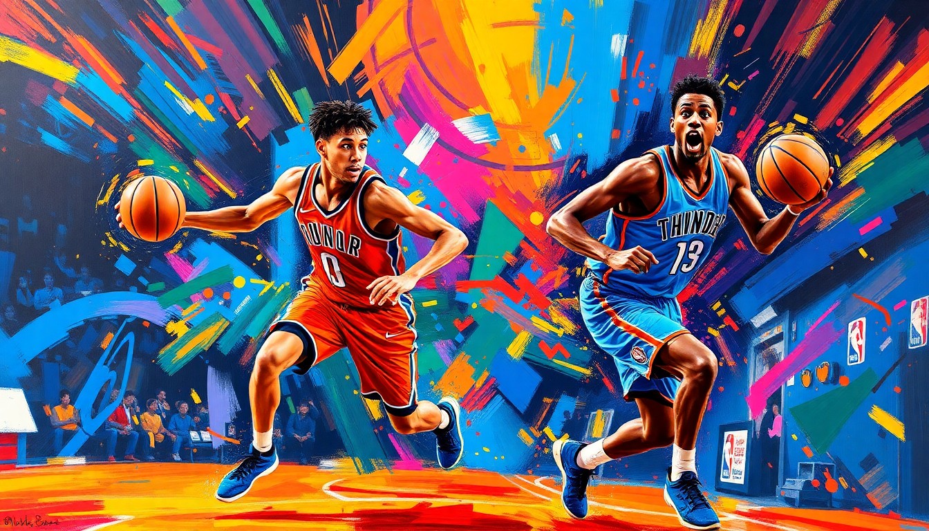 A vibrant, energetic painting with bold, expressive brushstrokes in neon colors, capturing the dynamic movements and raw athletic energy of basketball players on the court during an intense game.