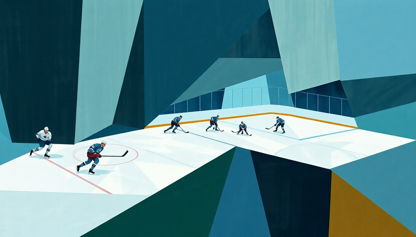 A cubist, geometric painting depicting a fragmented hockey game, with players and the ice reduced to sharp, overlapping shapes in muted colors, conveying the chaos and uncertainty surrounding the failed trade between the Canucks and Rangers.