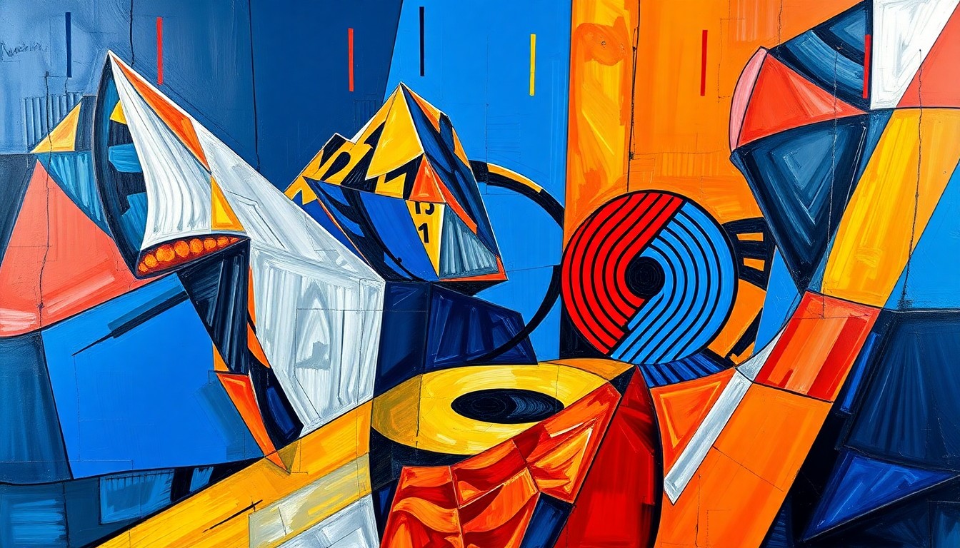 A fractured, cubist-style painting depicting a basketball game, with sharp geometric shapes and planes of color representing the dynamic action on the court.