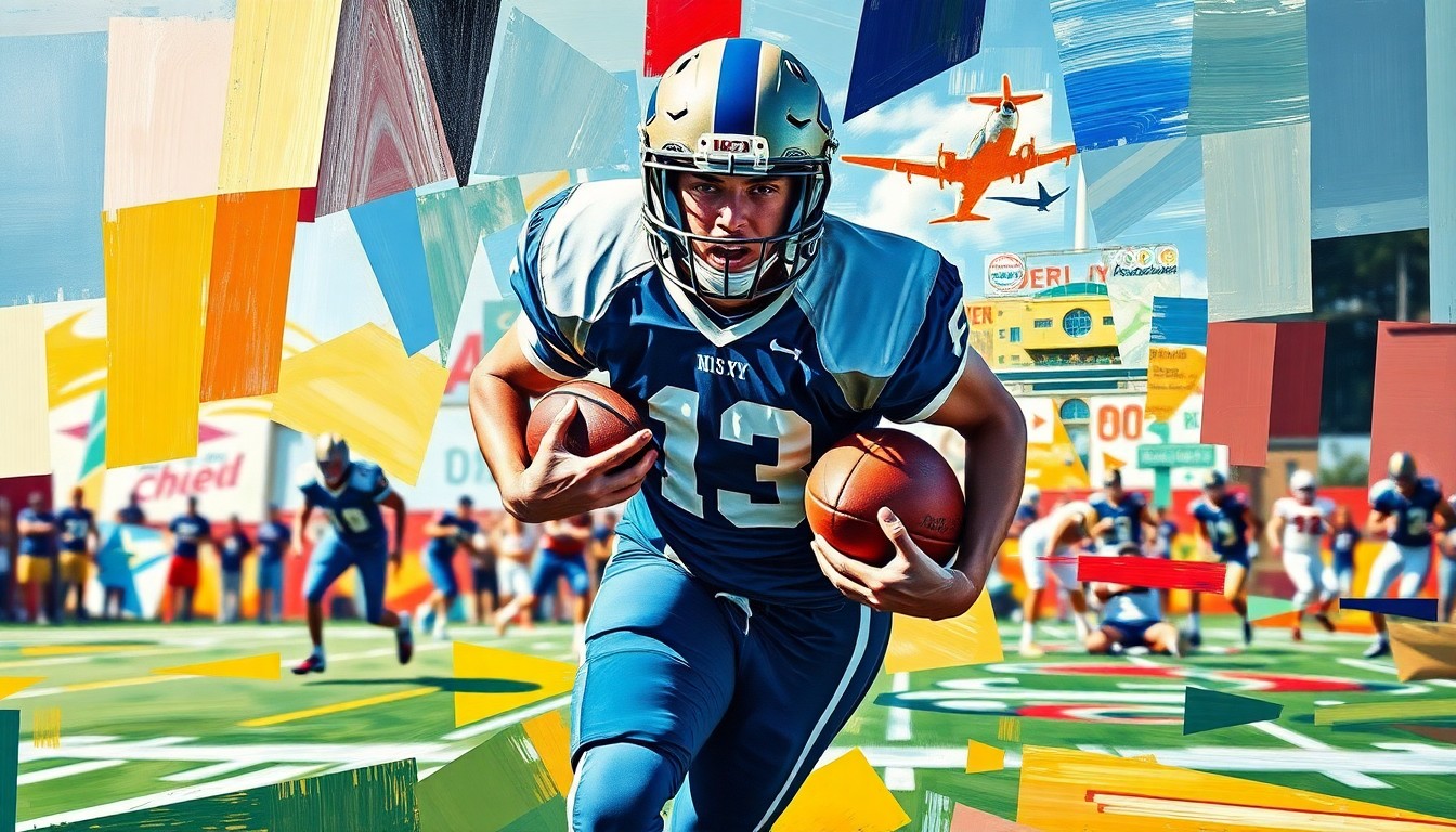 A cubist-style painting depicting a high school football player in motion, with their body and movements broken down into sharp, overlapping geometric shapes and planes in a variety of bright colors.