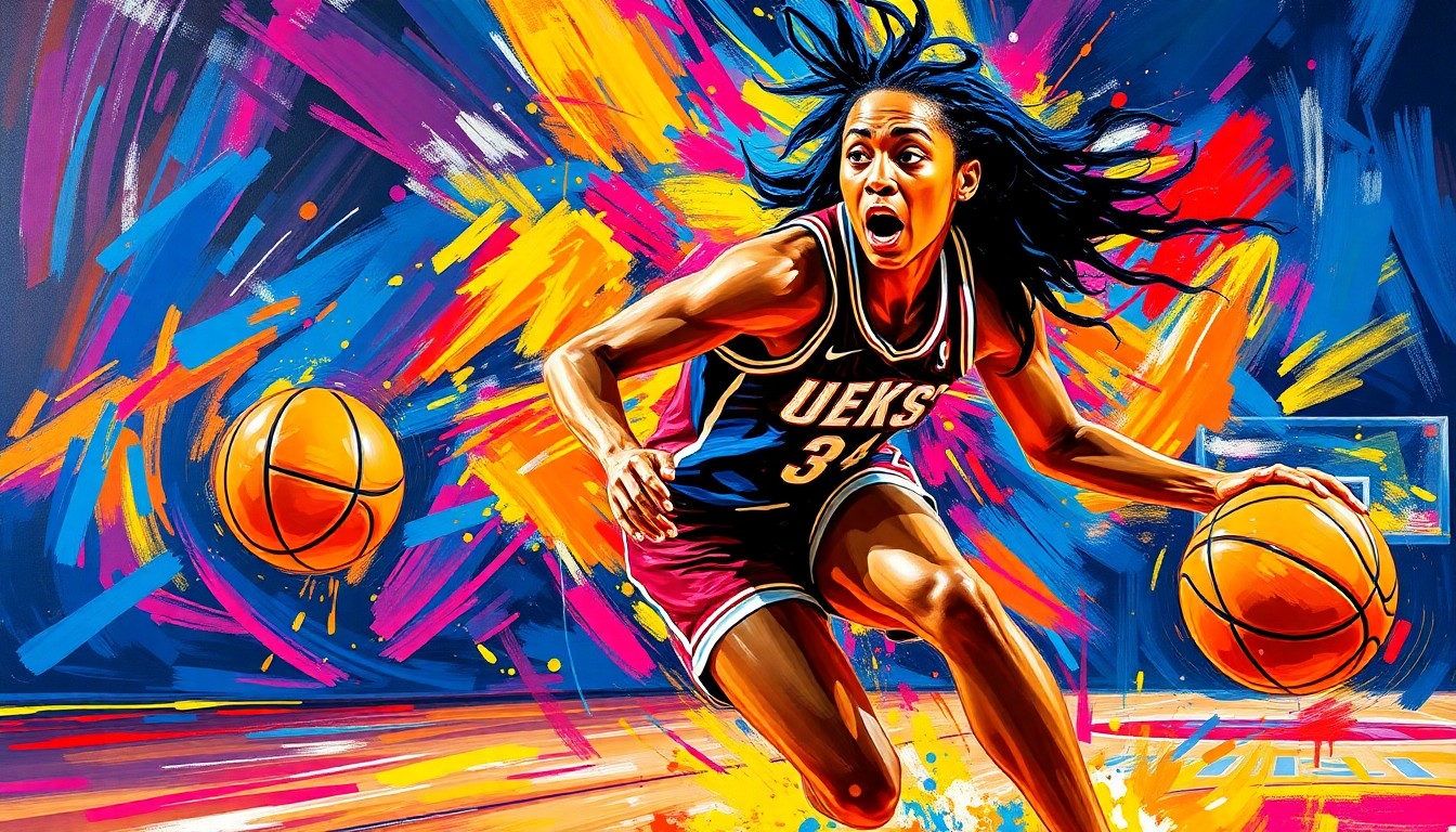 An abstract, energetic painting featuring bold, neon-colored brushstrokes that capture the dynamic movements and raw athleticism of a basketball player, conceptually representing Charlisse Leger-Walker's journey back to the court.