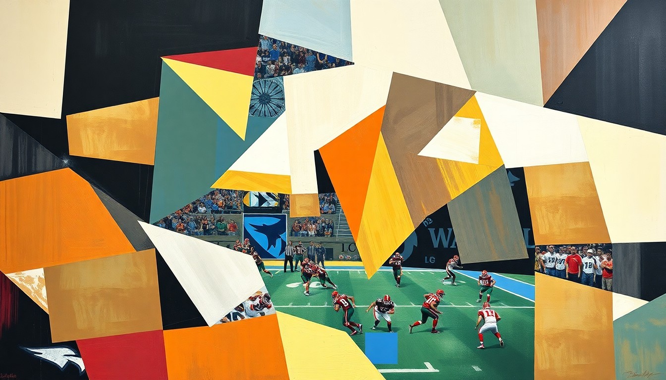 A cubist-style painting depicting a UFL football game in a fractured, geometric style, with overlapping planes and shapes representing the dynamic action on the field.