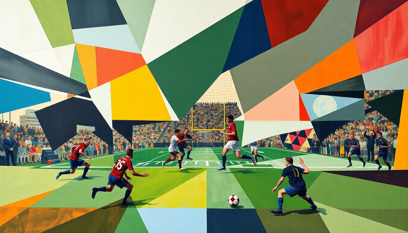A cubist, geometric painting depicting the dynamic movement and energy of a football game, with players and the field abstracted into sharp, overlapping planes of color and form.