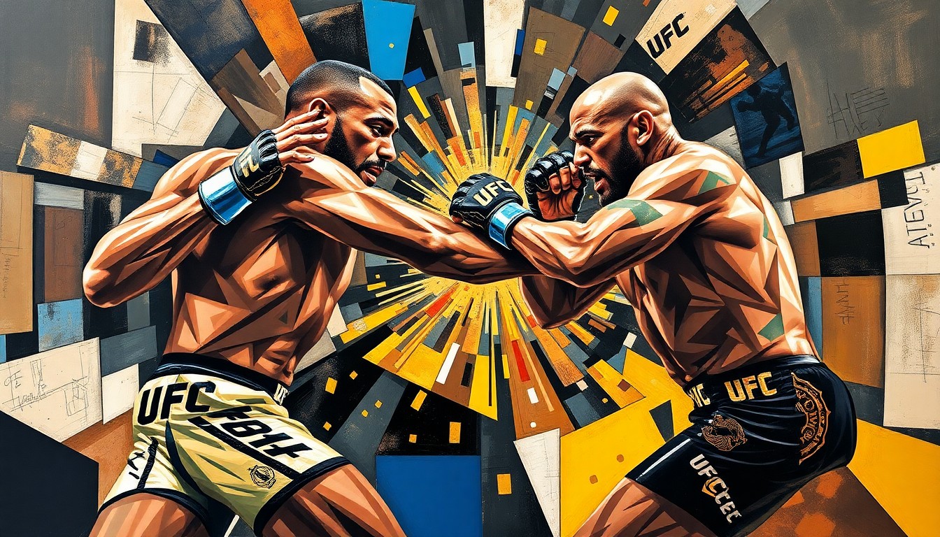 A cubist, geometric painting depicting the intense action and impact of the UFC heavyweight fight between Curtis Blaydes and Josh Hokit, with sharp, overlapping planes of movement and contact.