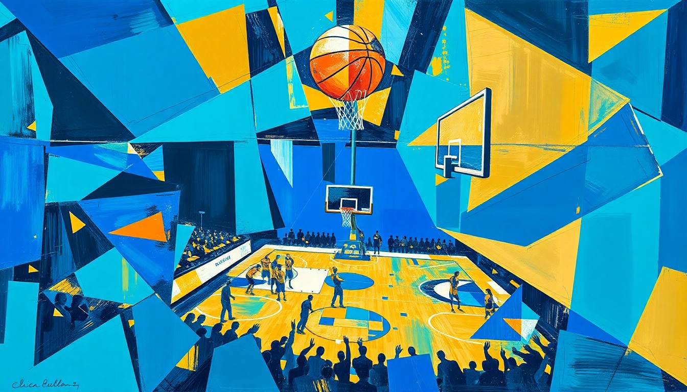 A cubist, geometric painting depicting a basketball game or match, with sharp, overlapping planes of royal blue, teal, and gold, capturing the dynamic energy and movement of the sport.