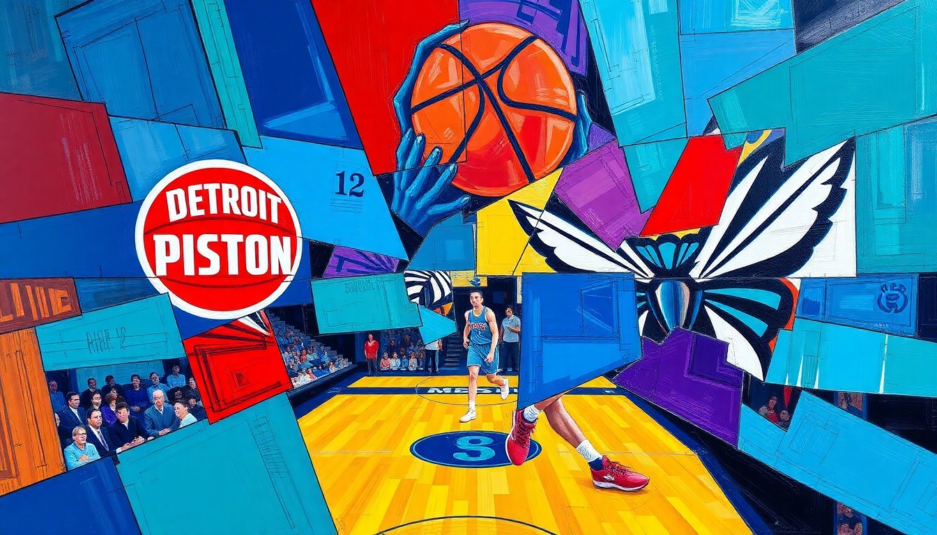 A fractured, multi-perspective painting in bold, vibrant colors depicting the action of a basketball game between the Detroit Pistons and Charlotte Hornets, with sharp, overlapping geometric planes representing the dynamic energy and contrasting fortunes of the two teams.
