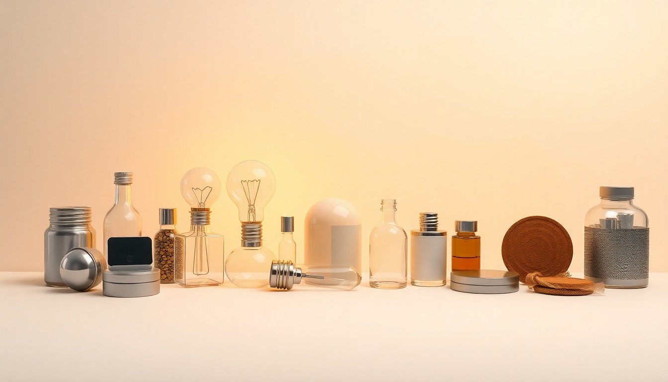 A minimalist studio still life featuring a collection of polished, premium objects arranged elegantly on a clean, monochromatic background, symbolizing the diverse range of entrepreneurial ideas showcased at the Charlie Walker Pitch Challenge in Salina, Kansas.