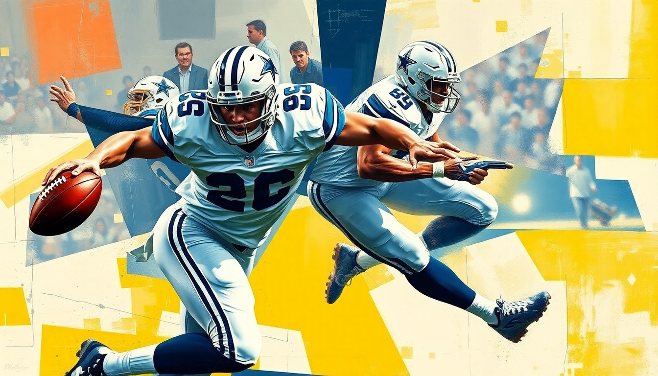 A cubist-style painting depicting a Dallas Cowboys football player in action, broken down into sharp, overlapping geometric shapes and planes, conveying the complexity and strategic nature of the team's pre-draft maneuverings.