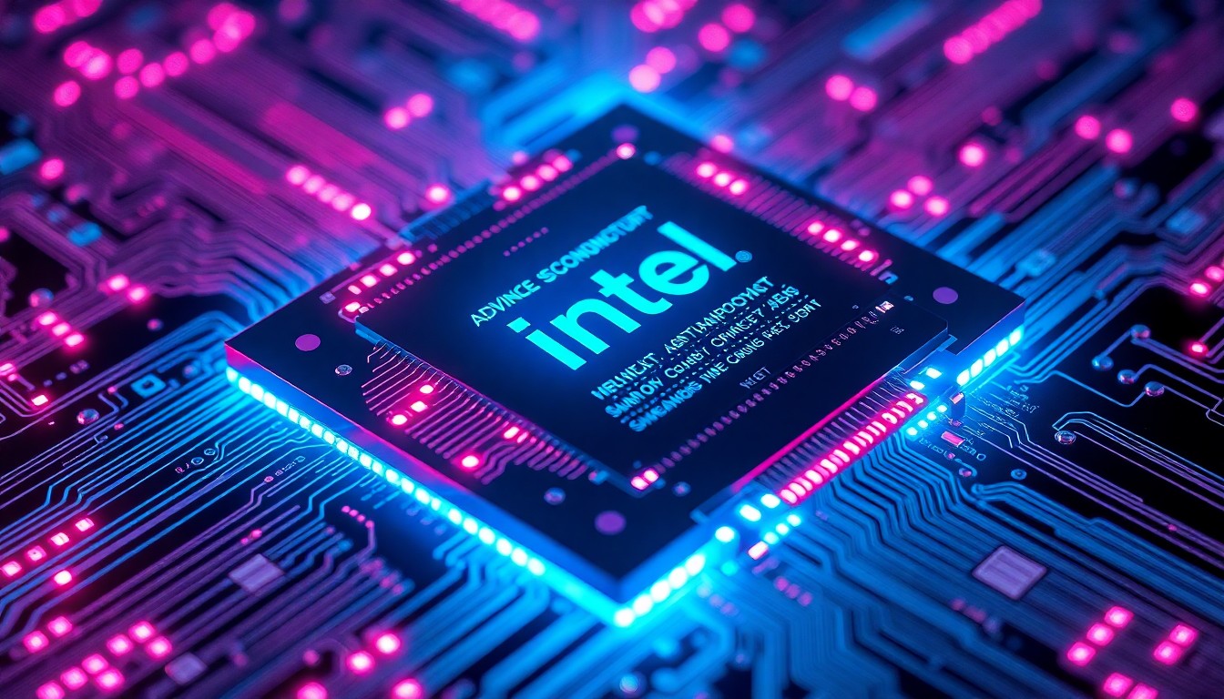 A highly detailed, glowing 3D illustration of an advanced semiconductor chip package, with intricate circuitry and luminous cyan and magenta lights emanating from the various components, conceptually representing the cutting-edge nature of Intel's advanced packaging technology.