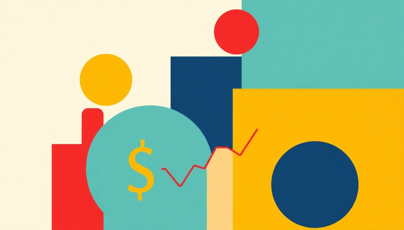 A geometric abstract illustration using bold primary-colored shapes and clean lines to represent the complex relationship between economic indicators, monetary policy, and currency fluctuations.